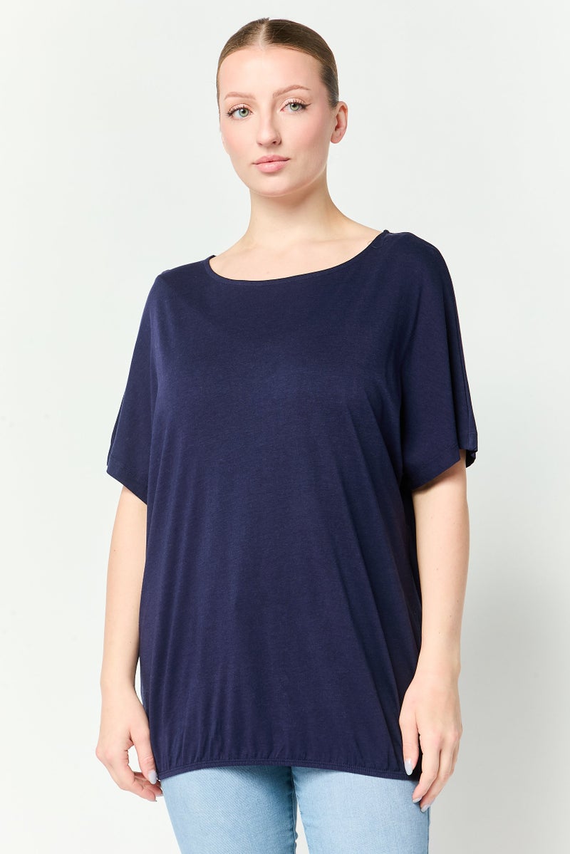 Tchibo Women Round Neck Short Sleeve Plain Top, Navy - Image 1